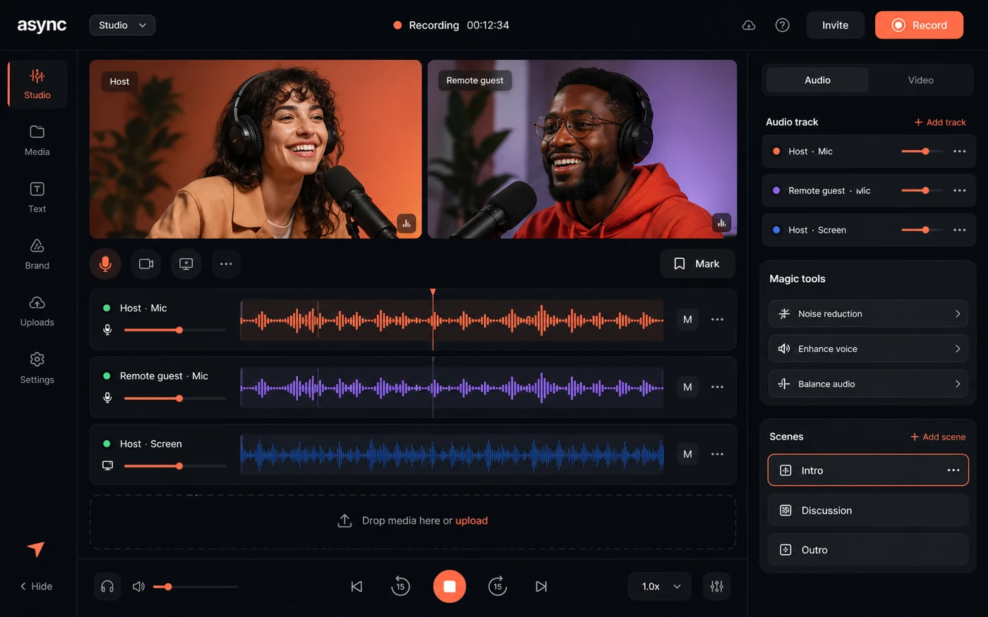 Podcastle: recording studio, showing remote audio and video recording for podcast guests
