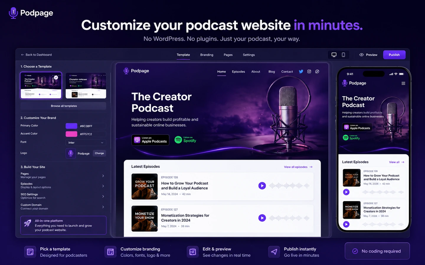 Podpage: template customization, showing podcast site design choices, branding controls, and mobile-friendly layout setup