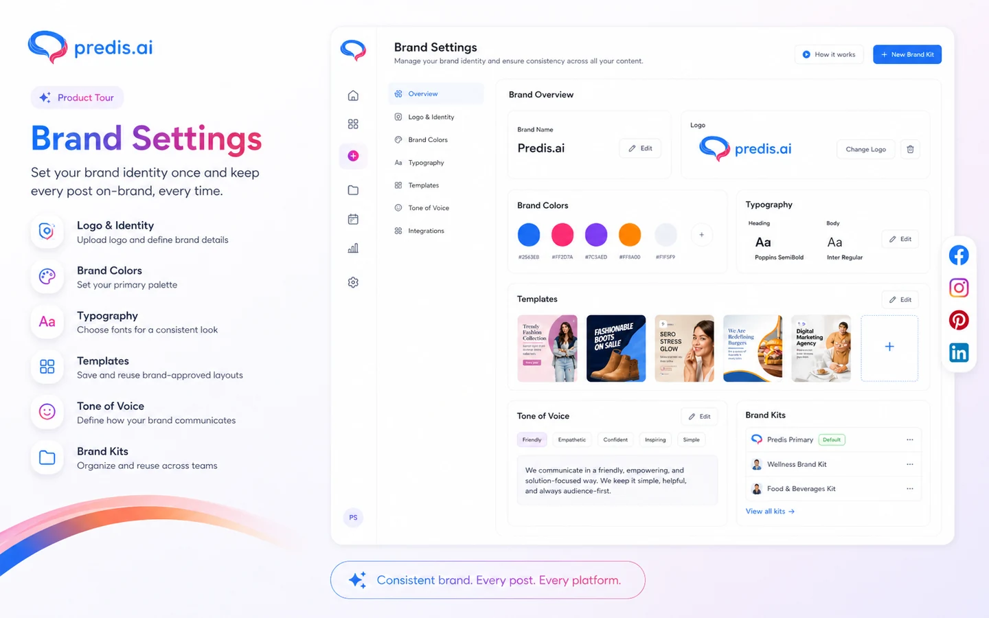 Predis.ai: brand settings, showing how a buyer keeps generated creatives aligned with brand colors, logos, and templates