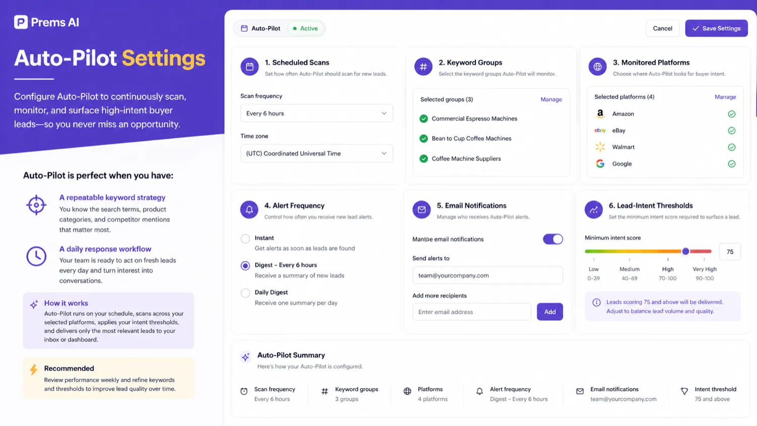 Prems AI: Auto-Pilot settings, showing scheduled scans and alert logic for fresh leads