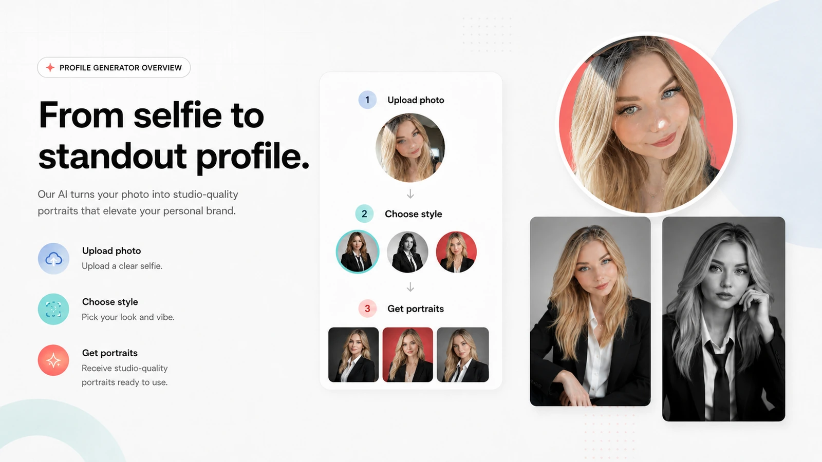 Profile Picture AI: profile generator overview, showing how a buyer starts an AI profile photo workflow