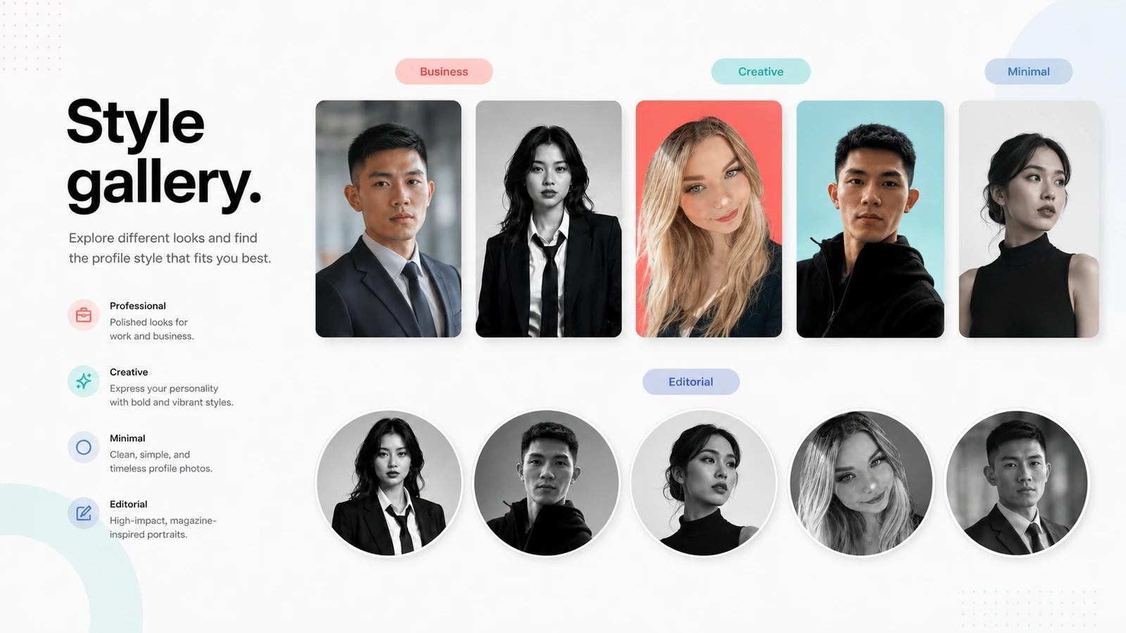 Profile Picture AI: style gallery, showing how a buyer compares profile photo looks before generation