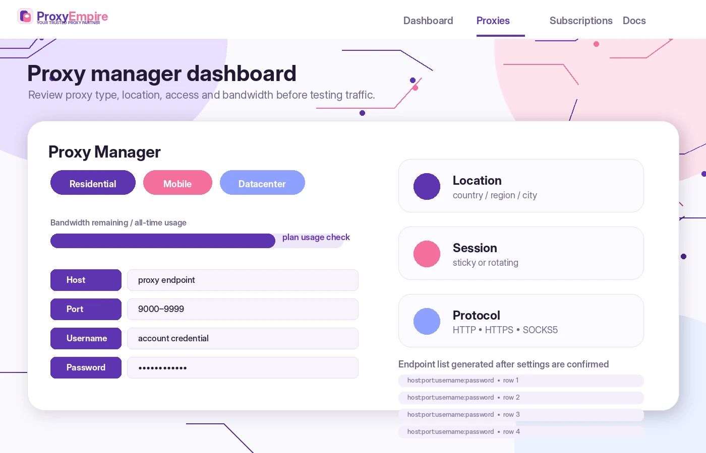 ProxyEmpire: proxy manager dashboard, showing how a buyer reviews proxy type, location, and access before testing traffic
