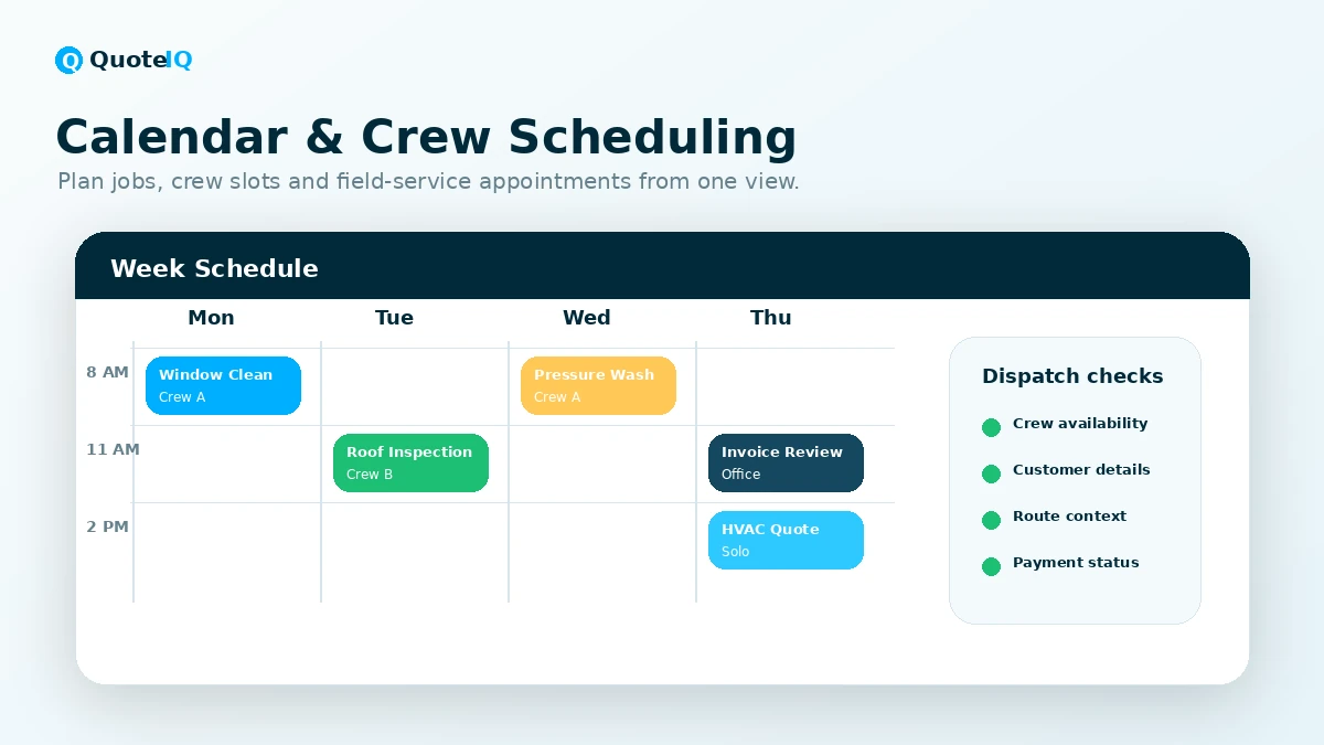 QuoteIQ: scheduling calendar, showing job booking and crew coordination for service businesses