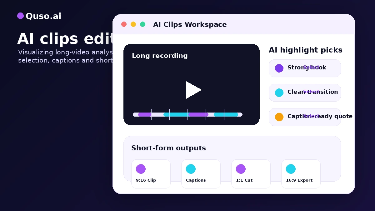 Quso.ai: AI clips editor, showing a long video being turned into short social clips