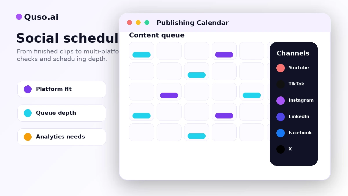 Quso.ai: social scheduler, showing publishing and scheduling checks across social platforms