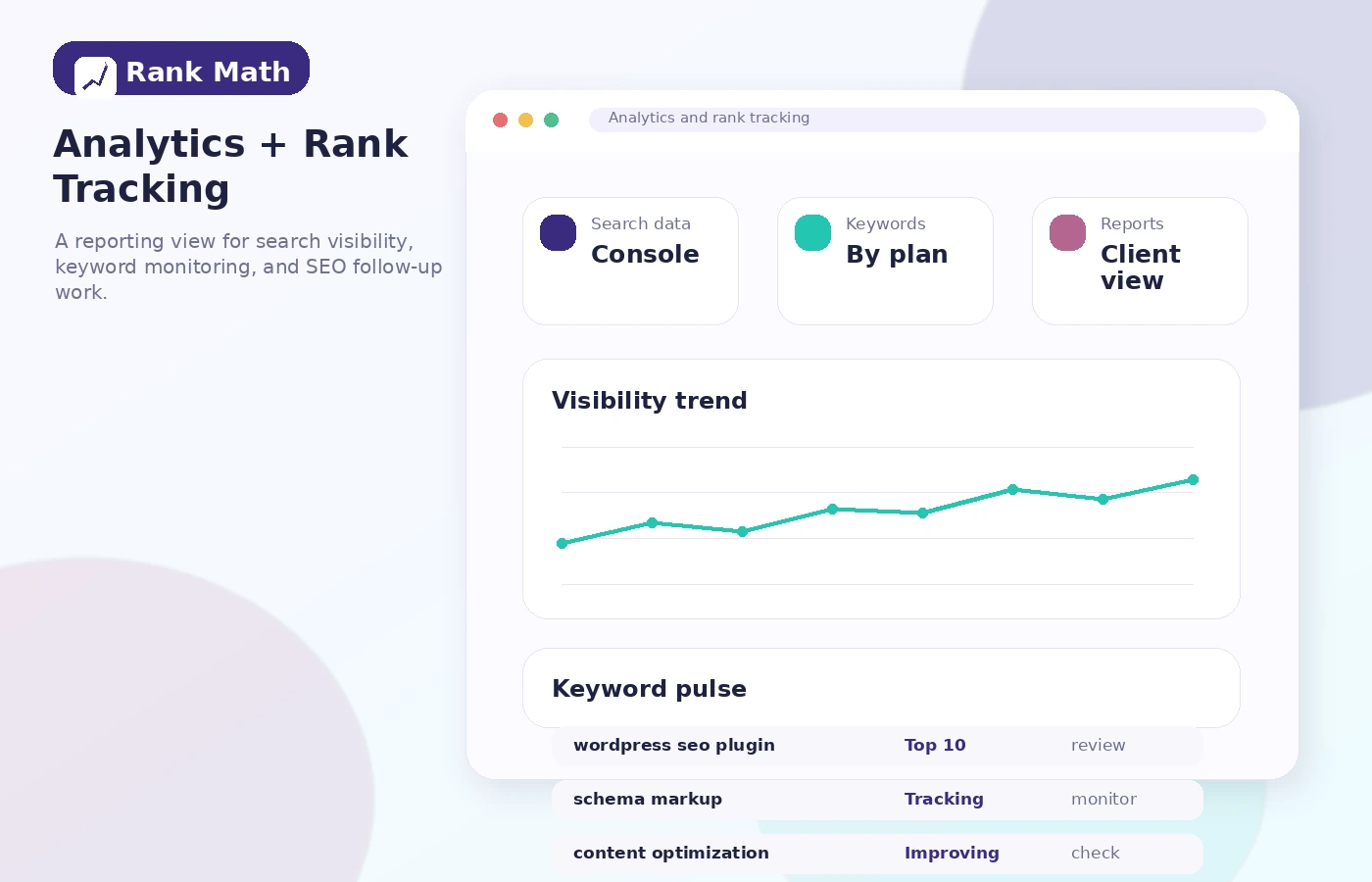 Rank Math: analytics and rank tracking dashboard, showing keyword and search performance data inside WordPress