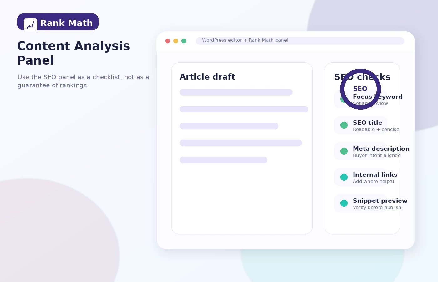 Rank Math: content analysis panel, showing SEO checks and optimization suggestions inside the WordPress editor