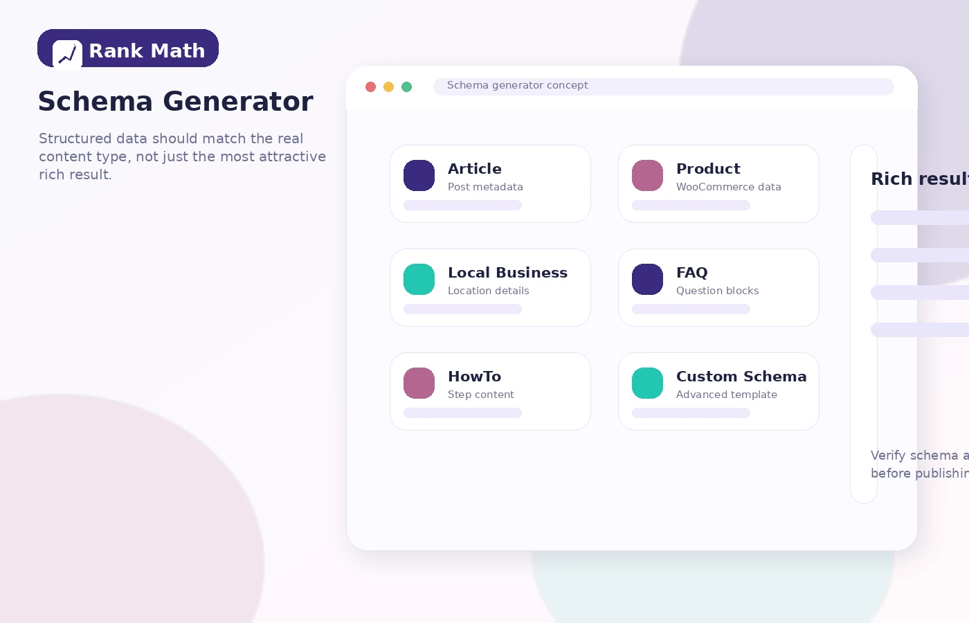 Rank Math: schema generator, showing structured data choices for posts, products and rich result workflows