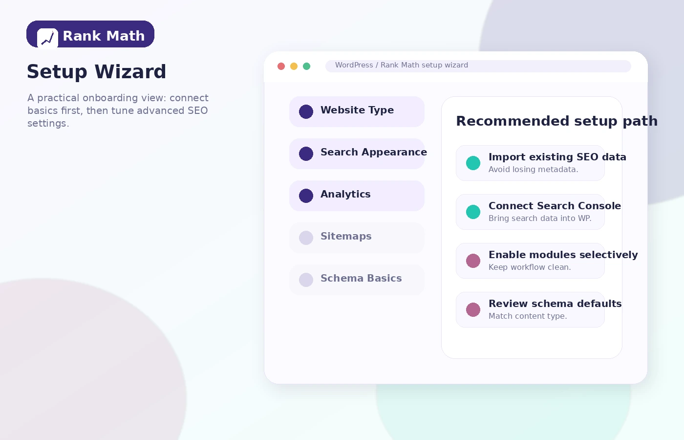 Rank Math: setup wizard, showing how a WordPress site owner configures SEO basics before using the plugin