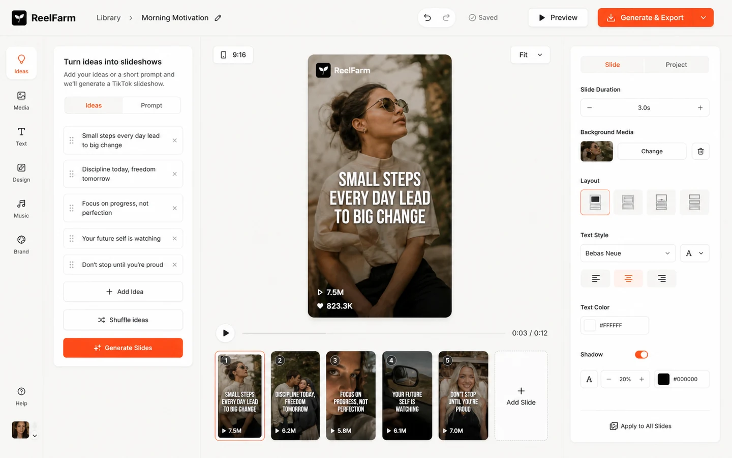 ReelFarm: slideshow editor, showing how a buyer can turn list-style ideas into TikTok-ready content