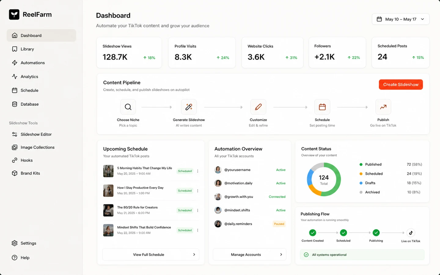 ReelFarm: TikTok automation dashboard, showing how buyers compare account and posting workflow before choosing a plan