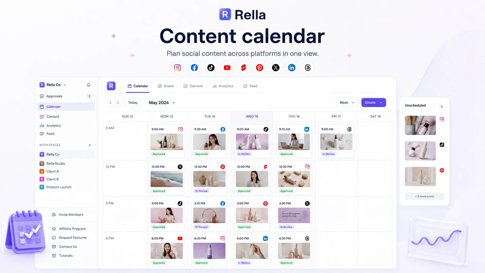 Rella: content calendar, showing how a social media manager plans posts across platforms