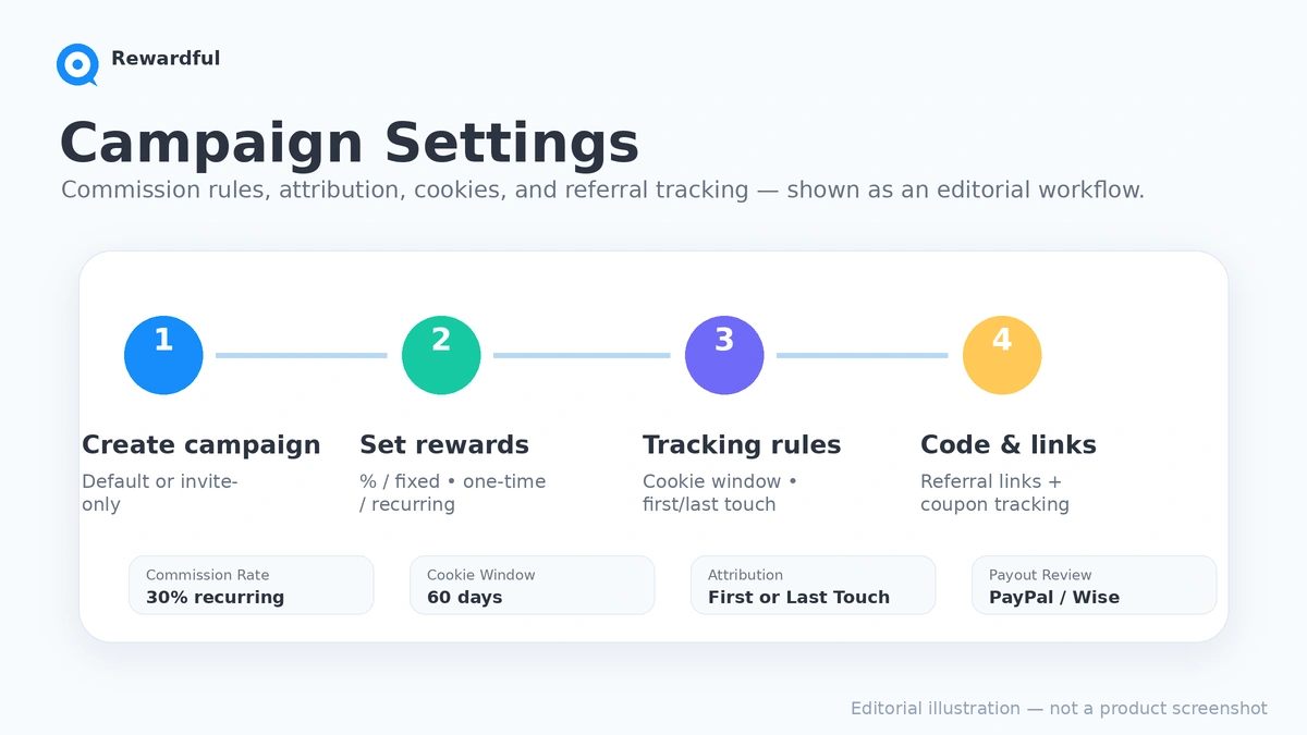 Rewardful: campaign settings, showing how buyers configure commission rules and referral tracking before launch