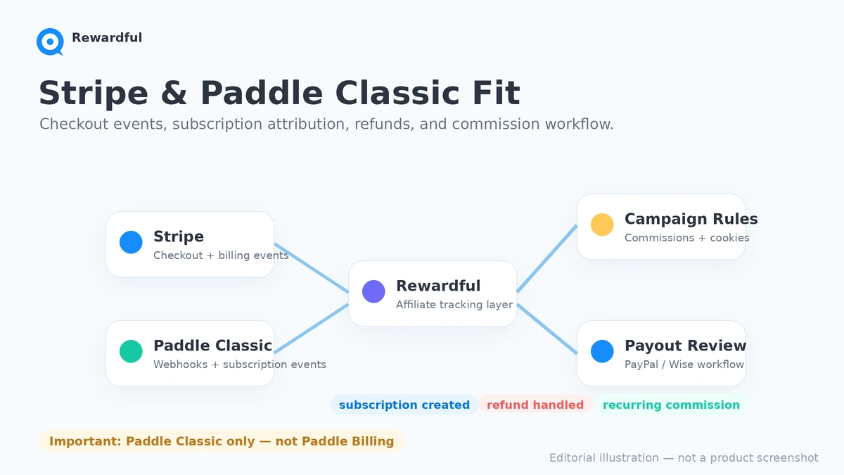Rewardful: Stripe and Paddle integration path, showing checkout compatibility as the first buyer decision point