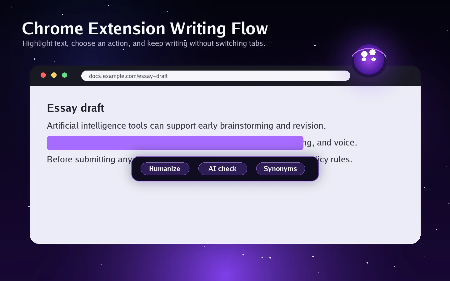 Ryne AI: Chrome extension toolbar, showing highlight-based humanizing, AI detection, and synonym options
