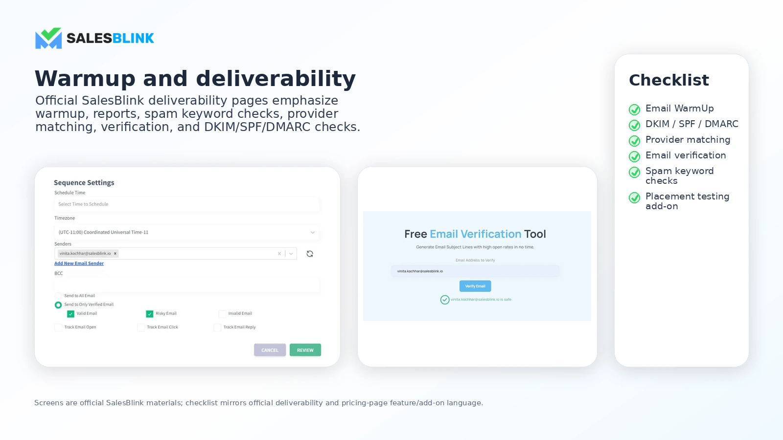 SalesBlink: email warmup and deliverability tools, showing sender reputation checks before campaign launch