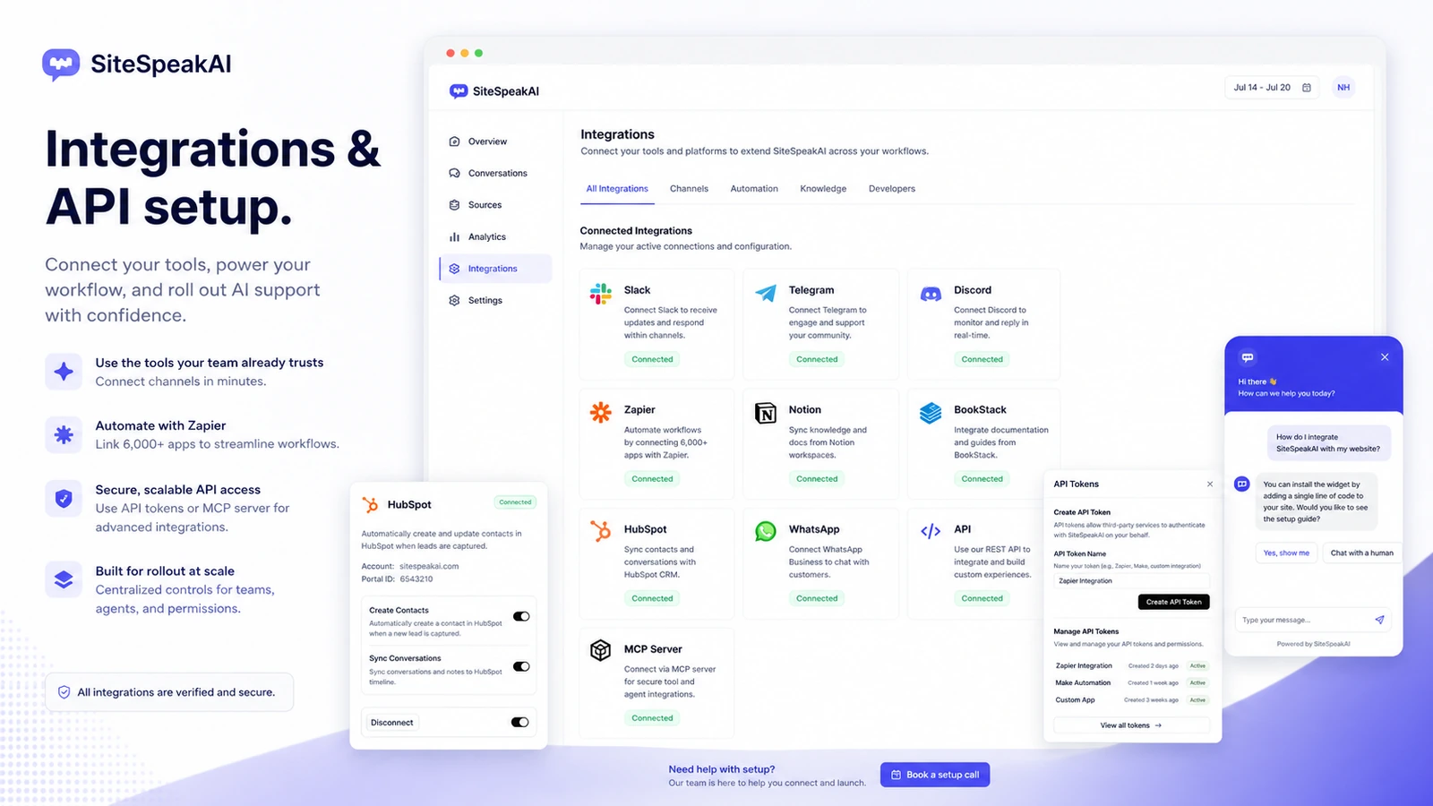SiteSpeakAI: integrations and API overview, showing which channels and technical paths a buyer should verify before choosing a plan