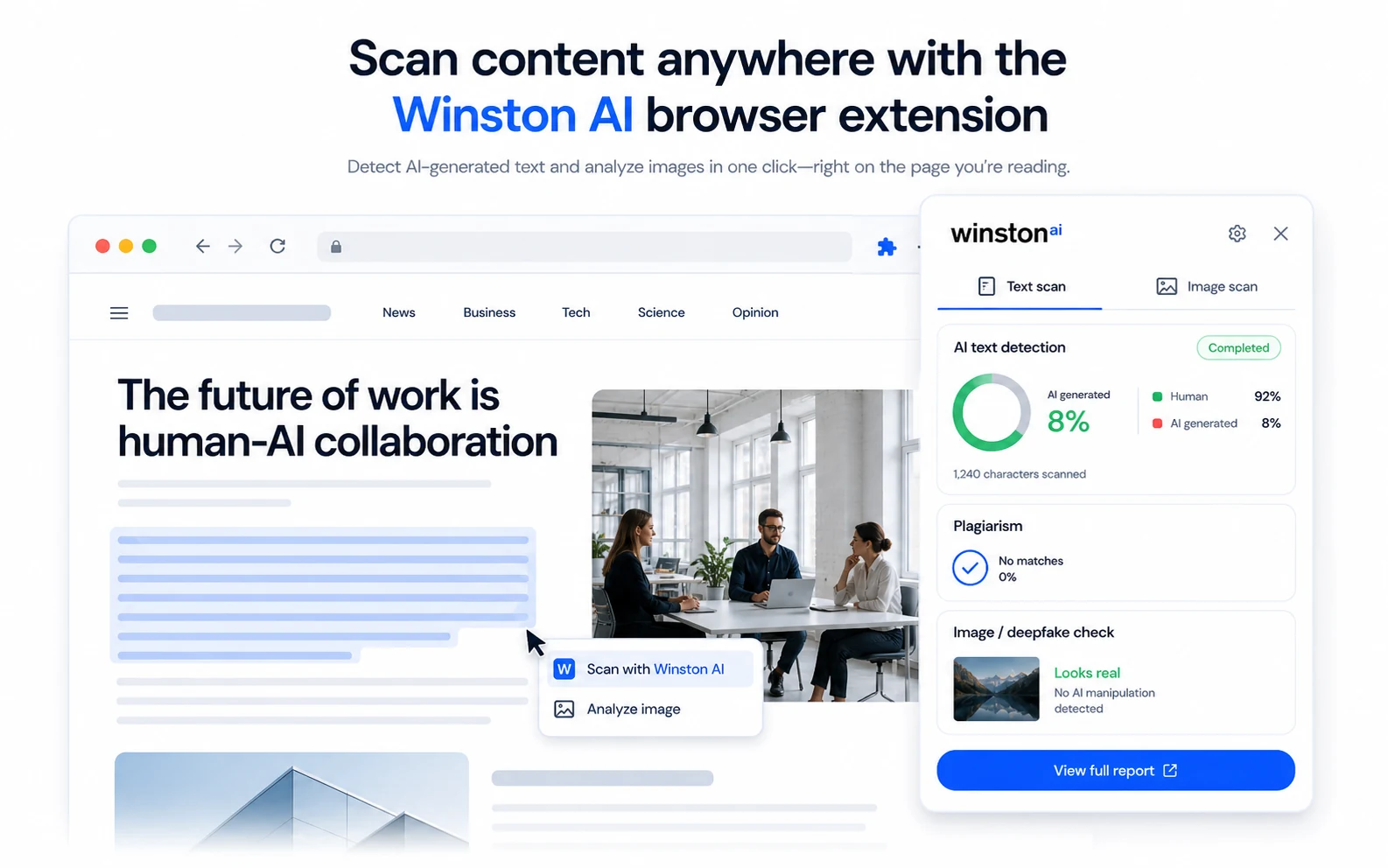 Winston AI: browser extension scan, showing how a buyer checks text or images directly from a webpage