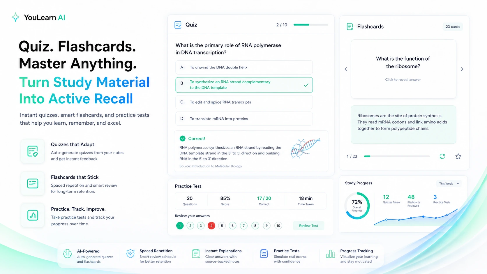 YouLearn AI: quiz and flashcard tools, showing how a buyer turns study material into active recall practice